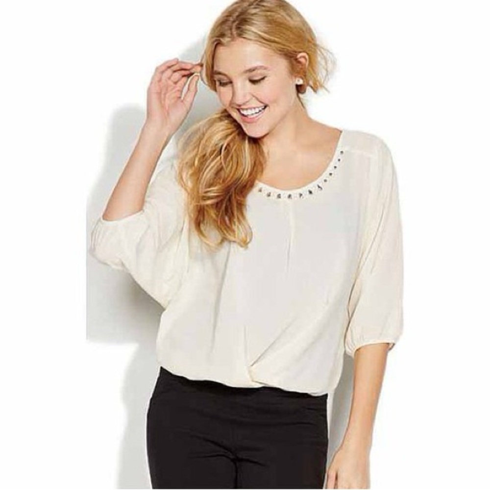 Elegant Cream Top with Embellished Neckline